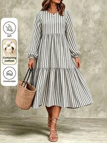 SHEIN LUNE CURVE Gaun Kasual Katun Bergaris Vertikal Berlapis Model Kue Lengan Panjang Sedang Ukuran Plus untuk Musim Gugur dengan Leher Bulat dan Lengan Lentera, Cocok untuk Perjalanan Sehari-hari - Grey - View 1