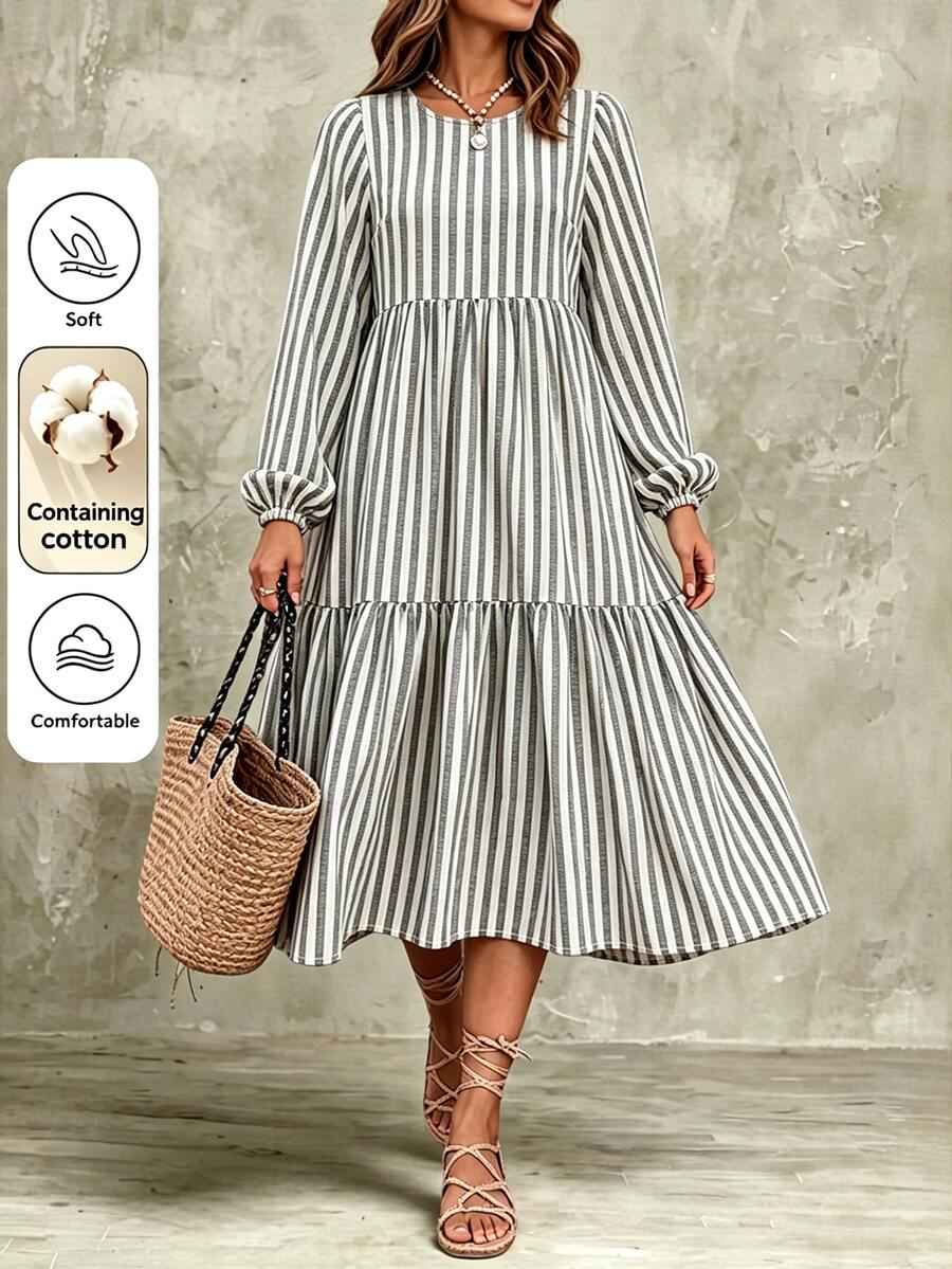 SHEIN LUNE CURVE Gaun Kasual Katun Bergaris Vertikal Berlapis Model Kue Lengan Panjang Sedang Ukuran Plus untuk Musim Gugur dengan Leher Bulat dan Lengan Lentera, Cocok untuk Perjalanan Sehari-hari - Grey - View 1
