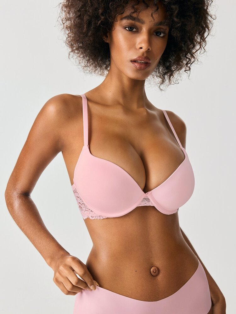 SHAPORA 1pc Women's Pink Lace Patchwork Minimalist Bra Top - Pink - View 5