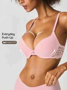 SHAPORA 1pc Women's Pink Lace Patchwork Minimalist Bra Top - Pink - View 1