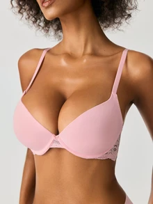SHAPORA 1pc Women's Pink Lace Patchwork Minimalist Bra Top - Pink - View 6
