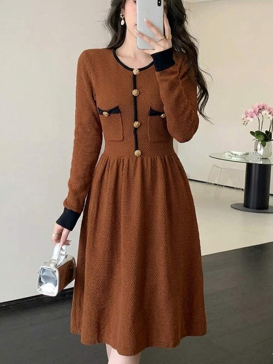 Feyla Women's Colorblock Round Neck Long Sleeve Button Design Elegant Knit Dress
