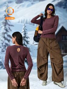 Exploreva Women's Solid Color Hollow Back Ruched Design Outdoor Long Sleeve T-Shirt - Apricot - View 1