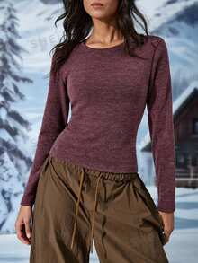 Exploreva Women's Solid Color Hollow Back Ruched Design Outdoor Long Sleeve T-Shirt - Apricot - View 3