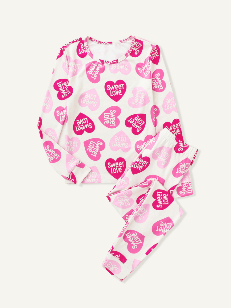 2pcs/Set Pakaian Santai Lengan Panjang Motif Hati untuk Remaja Perempuan, Celana Elastis Leher Bulat Musim Gugur/Dingin, Lembut dan Nyaman - Berwarna merah muda - View 3