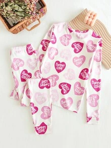 2pcs/Set Pakaian Santai Lengan Panjang Motif Hati untuk Remaja Perempuan, Celana Elastis Leher Bulat Musim Gugur/Dingin, Lembut dan Nyaman - Berwarna merah muda - View 2