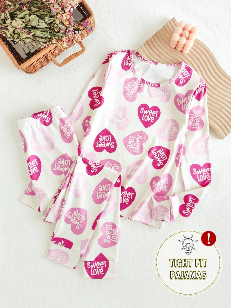 2pcs/Set Pakaian Santai Lengan Panjang Motif Hati untuk Remaja Perempuan, Celana Elastis Leher Bulat Musim Gugur/Dingin, Lembut dan Nyaman - Berwarna merah muda - View 1