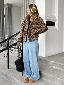 SHEIN Women's Leopard Print Fluffy Long Sleeve Regular Jacket, Suitable For Autumn/Winter - Brown - View 5