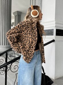 SHEIN Women's Leopard Print Fluffy Long Sleeve Regular Jacket, Suitable For Autumn/Winter - Brown - View 4