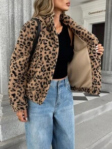 SHEIN Women's Leopard Print Fluffy Long Sleeve Regular Jacket, Suitable For Autumn/Winter - Brown - View 6
