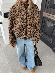 SHEIN Women's Leopard Print Fluffy Long Sleeve Regular Jacket, Suitable For Autumn/Winter - Brown - View 3