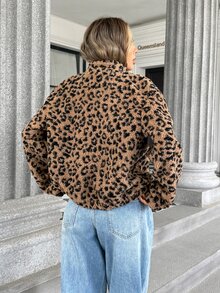 SHEIN Women's Leopard Print Fluffy Long Sleeve Regular Jacket, Suitable For Autumn/Winter - Brown - View 2