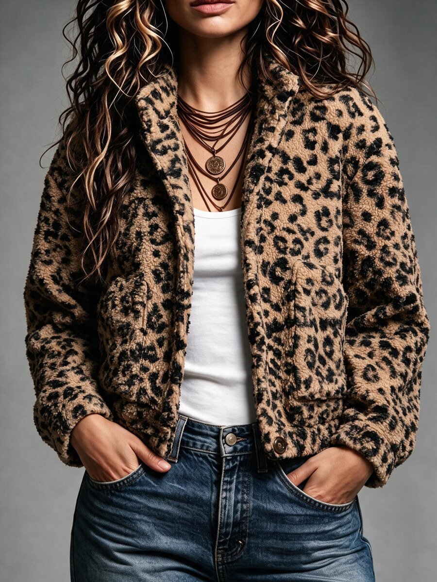 SHEIN Women's Leopard Print Fluffy Long Sleeve Regular Jacket, Suitable For Autumn/Winter - Brown - View 1