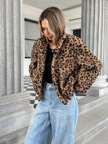 SHEIN Women's Leopard Print Fluffy Long Sleeve Regular Jacket, Suitable For Autumn/Winter - Brown - View 7