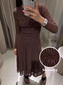 Maija Women's Solid Color Round Neck Contrast Mesh Pleated Elegant Long Dress,Going Out Outfits,Fall Clothes - Dark Brown - View 1