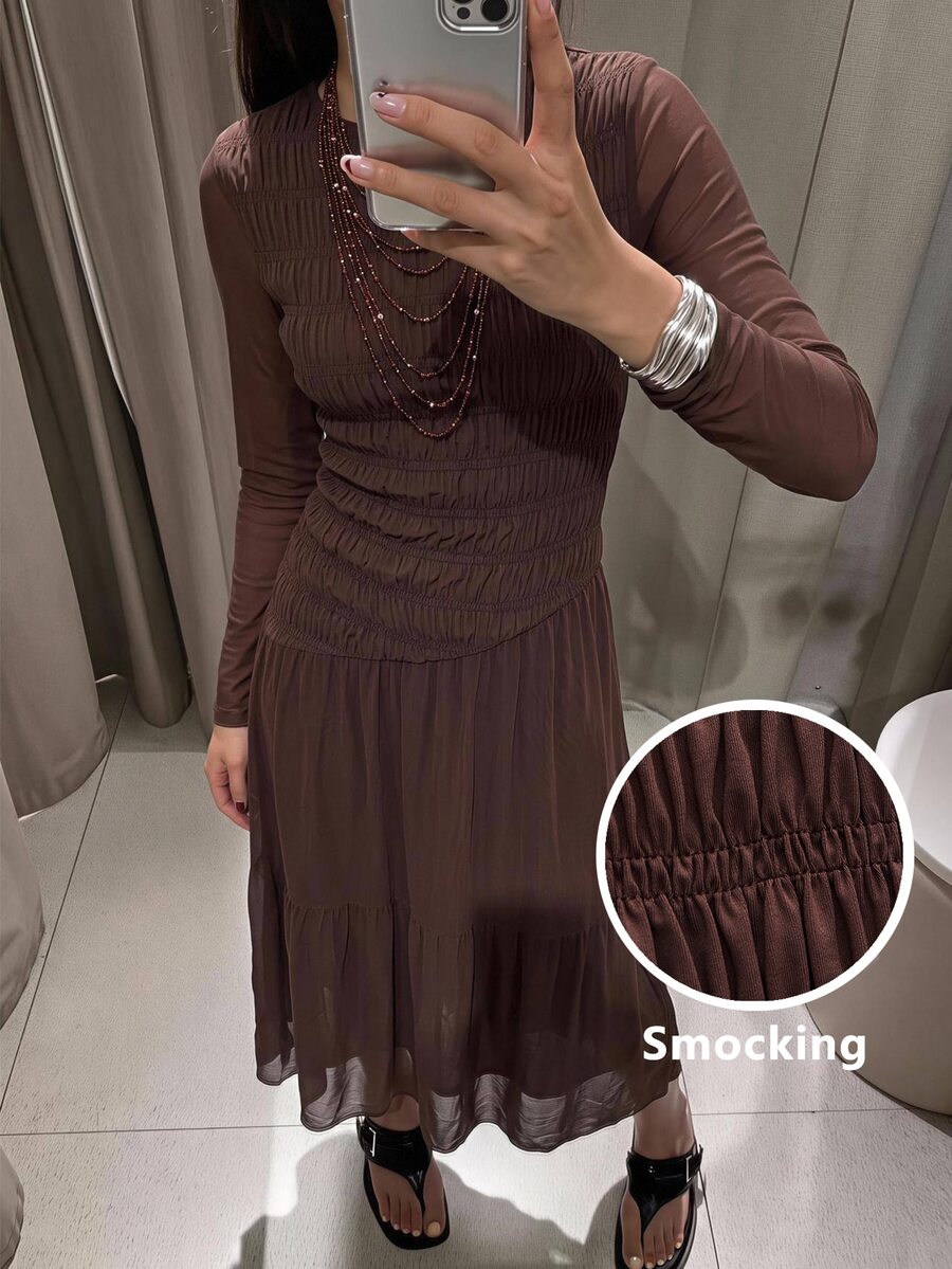 Maija Women's Solid Color Round Neck Contrast Mesh Pleated Elegant Long Dress,Going Out Outfits,Fall Clothes - Dark Brown - View 1