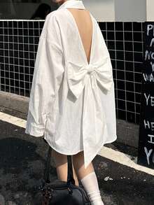 DAZY Women's Solid Color Lapel Hollow-Out Bow Korean Style Long Sleeve Blouse,Fall Clothes - White - View 8