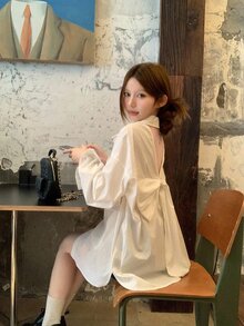 DAZY Women's Solid Color Lapel Hollow-Out Bow Korean Style Long Sleeve Blouse,Fall Clothes - White - View 4