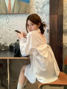 DAZY Women's Solid Color Lapel Hollow-Out Bow Korean Style Long Sleeve Blouse,Fall Clothes - White - View 2