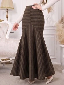 Modelyn Elegant Slim Fit Gradient Striped High Waist Bodycon Mermaid Skirt For Women Thanksgiving Party Night Office Brown Plaid Autumn - Brown - View 8