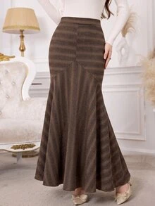 Modelyn Elegant Slim Fit Gradient Striped High Waist Bodycon Mermaid Skirt For Women Thanksgiving Party Night Office Brown Plaid Autumn - Brown - View 5