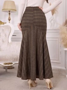 Modelyn Elegant Slim Fit Gradient Striped High Waist Bodycon Mermaid Skirt For Women Thanksgiving Party Night Office Brown Plaid Autumn - Brown - View 2