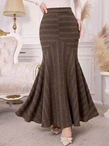 Modelyn Elegant Slim Fit Gradient Striped High Waist Bodycon Mermaid Skirt For Women Thanksgiving Party Night Office Brown Plaid Autumn - Brown - View 4