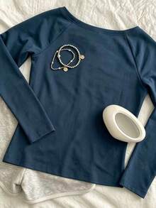 Trelyra Women's Solid Color Casual Versatile Daily Long Sleeve Top - Blue - View 2