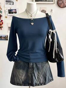 Trelyra Women's Solid Color Casual Versatile Daily Long Sleeve Top - Blue - View 5
