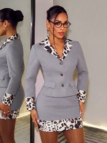 BamGleam Women's Elegant Patchwork Leopard Print Faux Fur A-Line Blazer + Bodycon Skirt - Grey - View 7