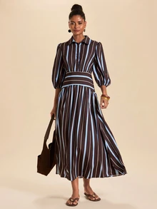 Travachic Women's Striped Lantern Sleeve Casual Shirt Dress - Blue - View 7