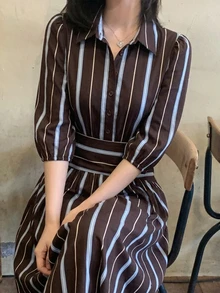 Travachic Women's Striped Lantern Sleeve Casual Shirt Dress - Blue - View 1
