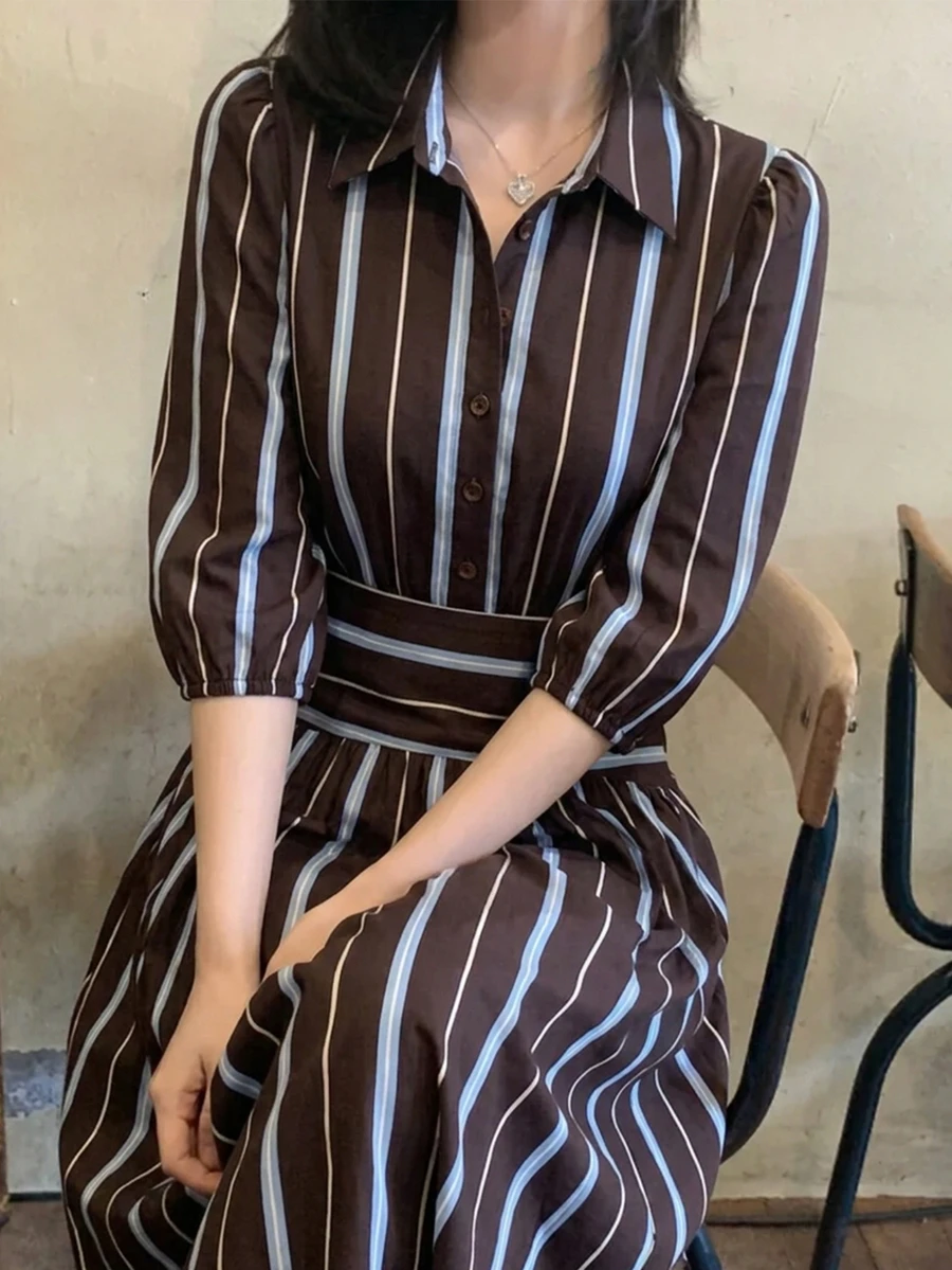 Travachic Women's Striped Lantern Sleeve Casual Shirt Dress - Blue - View 1