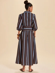 Travachic Women's Striped Lantern Sleeve Casual Shirt Dress - Blue - View 11