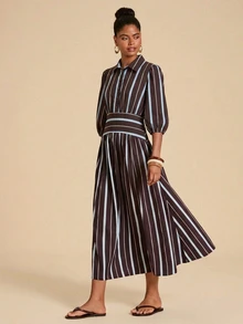 Travachic Women's Striped Lantern Sleeve Casual Shirt Dress - Blue - View 2
