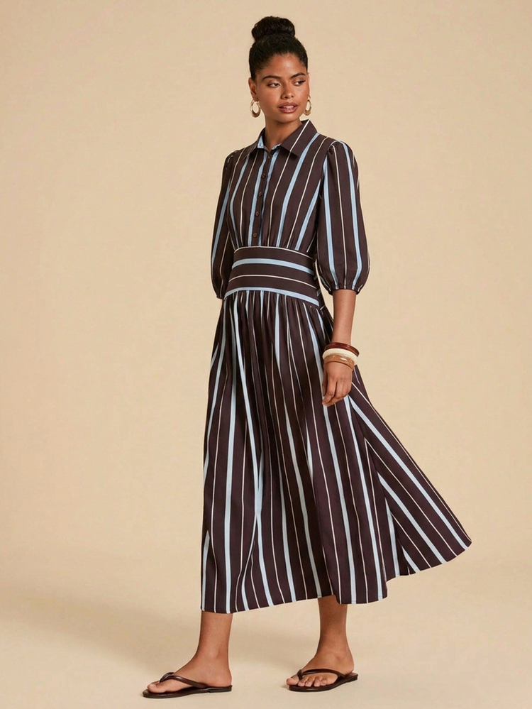 Travachic Women's Striped Lantern Sleeve Casual Shirt Dress - Blue - View 2