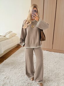 SHEIN EZwear Set 2 Potong Rajut Wanita Atasan Lengan Panjang dan Celana Blok Warna Putih untuk Santai dan Perjalanan Gaya Minimalis Kasual Musim Gugur - Mocha Brown - View 4