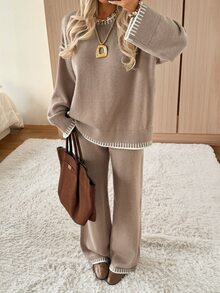 SHEIN EZwear Set 2 Potong Rajut Wanita Atasan Lengan Panjang dan Celana Blok Warna Putih untuk Santai dan Perjalanan Gaya Minimalis Kasual Musim Gugur - Mocha Brown - View 6