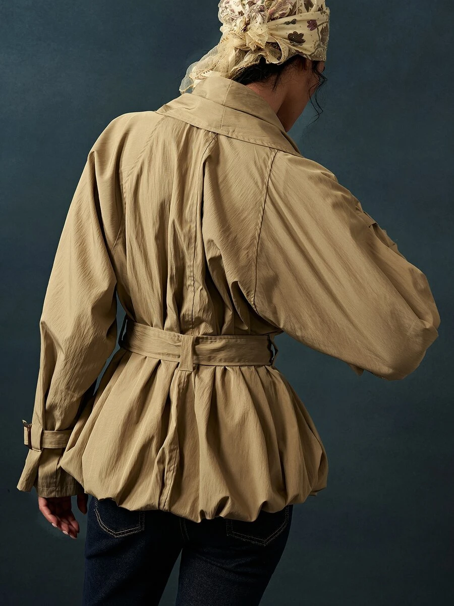 Bohemela Jaket Kasual Lengan Panjang Kerah Syal Warna Polos untuk Wanita - Hijau Tentara - View 1