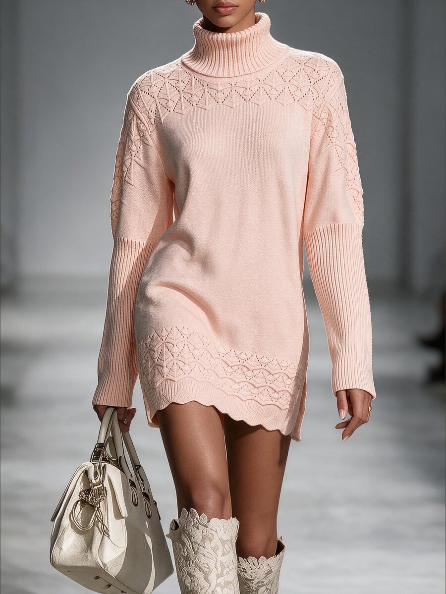 Omancia Elegant High Neck Long Sleeve Design Women's Sweater - Pink - View 1