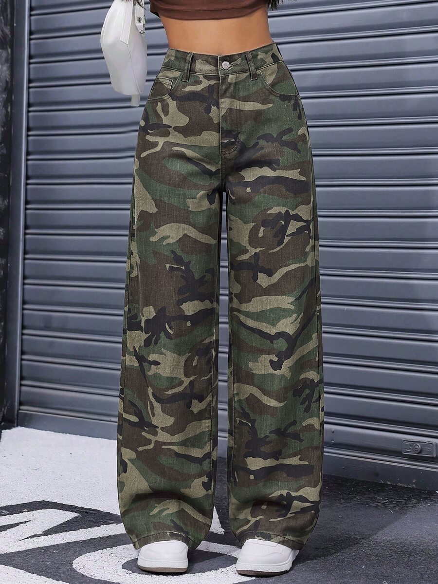 StreetHx 女款迷彩休閒日常牛仔褲,附口袋與鈕扣 - 軍綠色 - 查看 1