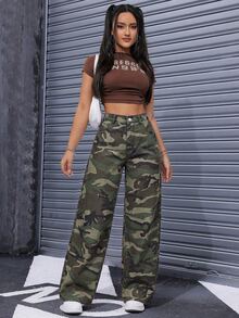 StreetHx 女款迷彩休閒日常牛仔褲，附口袋與鈕扣 - 軍綠色 - 查看 5