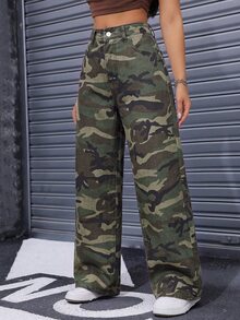 StreetHx 女款迷彩休閒日常牛仔褲，附口袋與鈕扣 - 軍綠色 - 查看 4