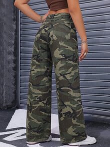 StreetHx 女款迷彩休閒日常牛仔褲，附口袋與鈕扣 - 軍綠色 - 查看 2