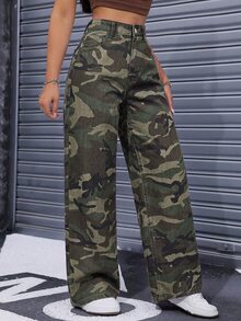 StreetHx 女款迷彩休閒日常牛仔褲，附口袋與鈕扣 - 軍綠色 - 查看 3
