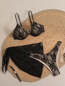 Bonvoyette Women's Lace Bra, Panty And Wrap Skirt 3 PiecesSwimsuit Set For Beach Vacation - Multicolor - View 2