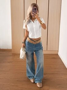 SHEIN EZwear 全白編織女款鈕扣襯衫 夏季穿搭 辦公休閒風 - 白色 - 查看 4