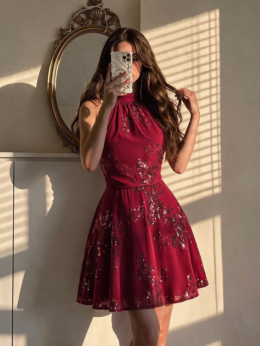 SHEIN MOD Gaun Wanita Seksi Hot Girl Berpayet dengan Detail Kerut dan Tali Leher Model Halter - Burgundy - View 1