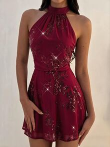 SHEIN MOD 女款性感辣妹亮片抓褶掛脖綁帶洋裝 - 酒紅色 - 查看 4