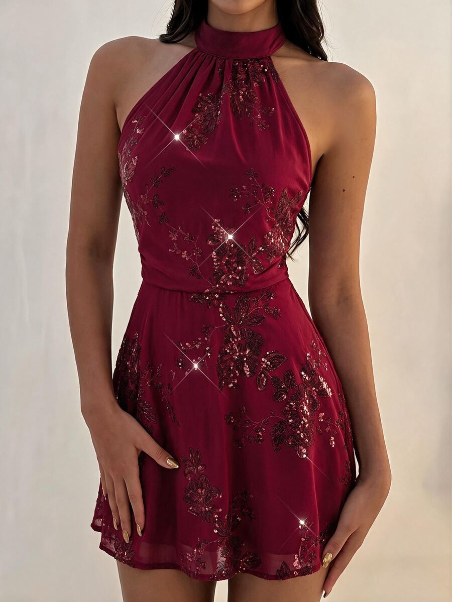 SHEIN MOD Women's Sexy Hot Girl Sequin Ruched Halter Neck Tie Strap Dress - Burgundy - View 1